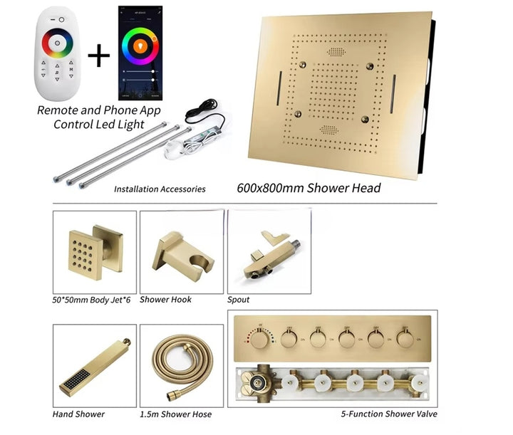 Brushed Gold -12"x12"  Ceiling Flushmount LED Rain head and Mist Bluetooth Wifi Music completed system kit
