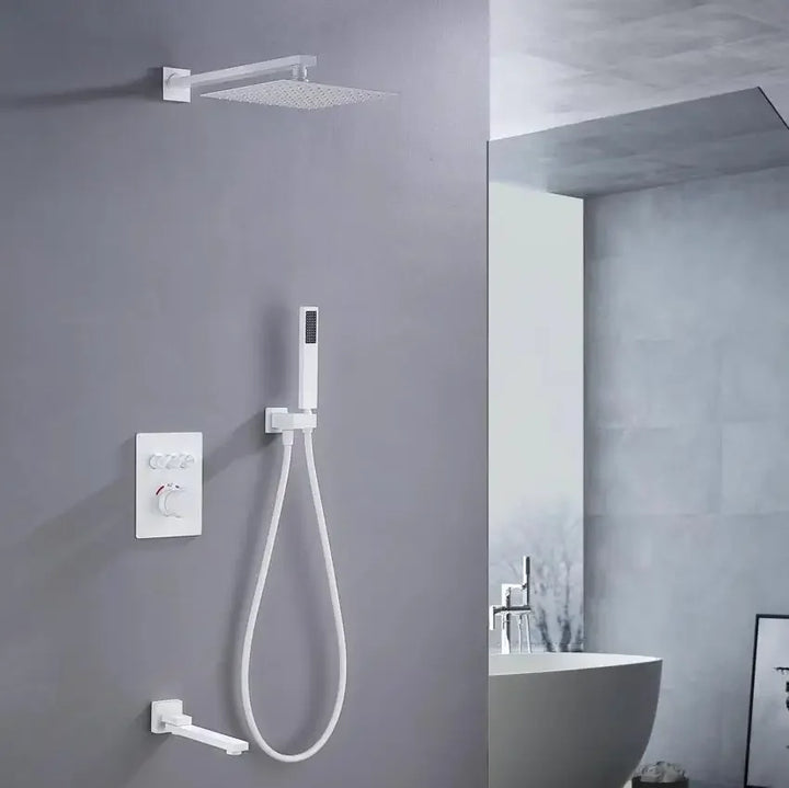 White color square Rain Shower Head 3 wayThermostatic Bath 10 inch Shower Set Wall Mounted thermostatic shower set IS609