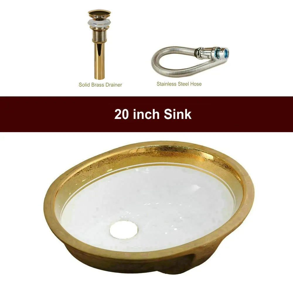 Victorian Luxury Gold Trim Oval Under Counter Basin Oval Undermount Bathroom Sink with Electroplated Gold Rim and Overflow