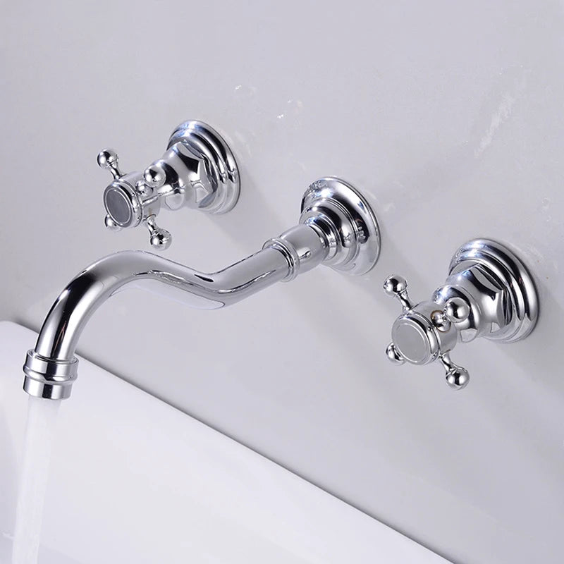 Victorian  Antique Brass Widespread Wall Mount Bathroom Faucet with 360 Swivel Spout Double Cross Handles Vanity Sink Mixer Tap