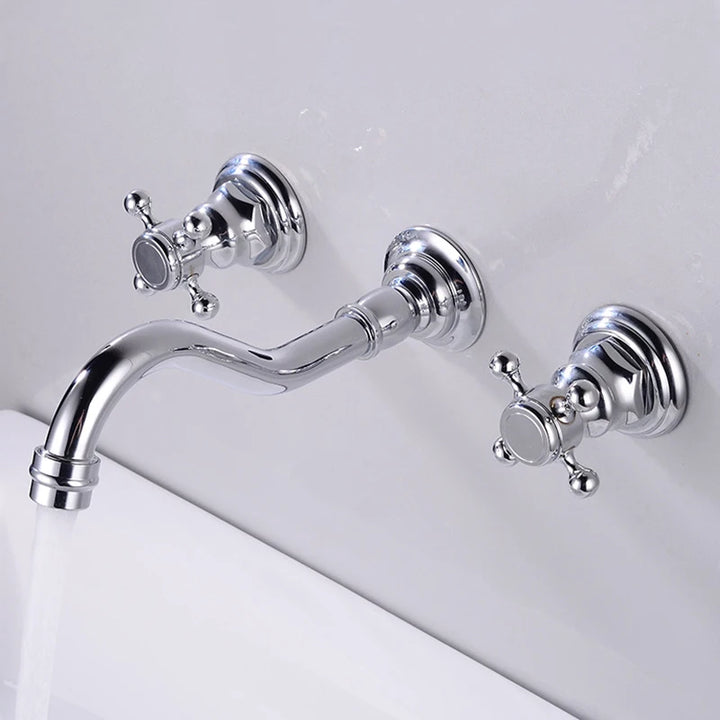 Victorian  Antique Brass Widespread Wall Mount Bathroom Faucet with 360 Swivel Spout Double Cross Handles Vanity Sink Mixer Tap