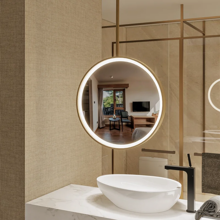 Stock-24" Inches Brushed Gold Round Ceiling mount brushed gold LED mirror