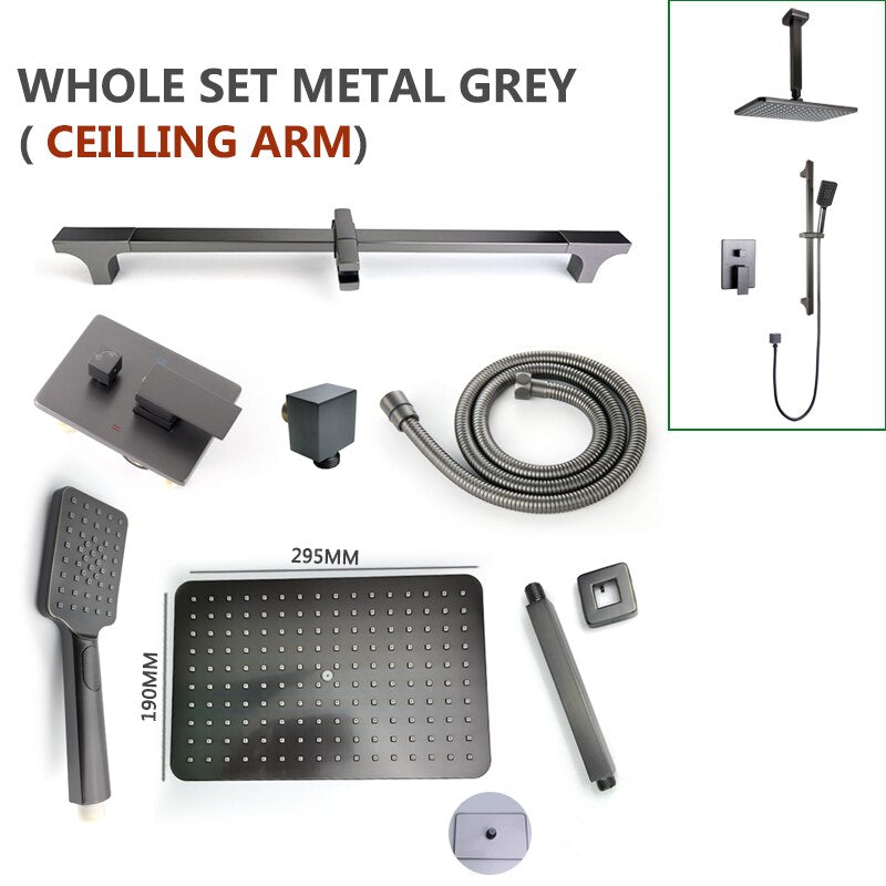 Chrome-Black-Brushed Gold  CSA -Modern rectangular 12x12"  rain head with  2 way function diverter completed shower kit