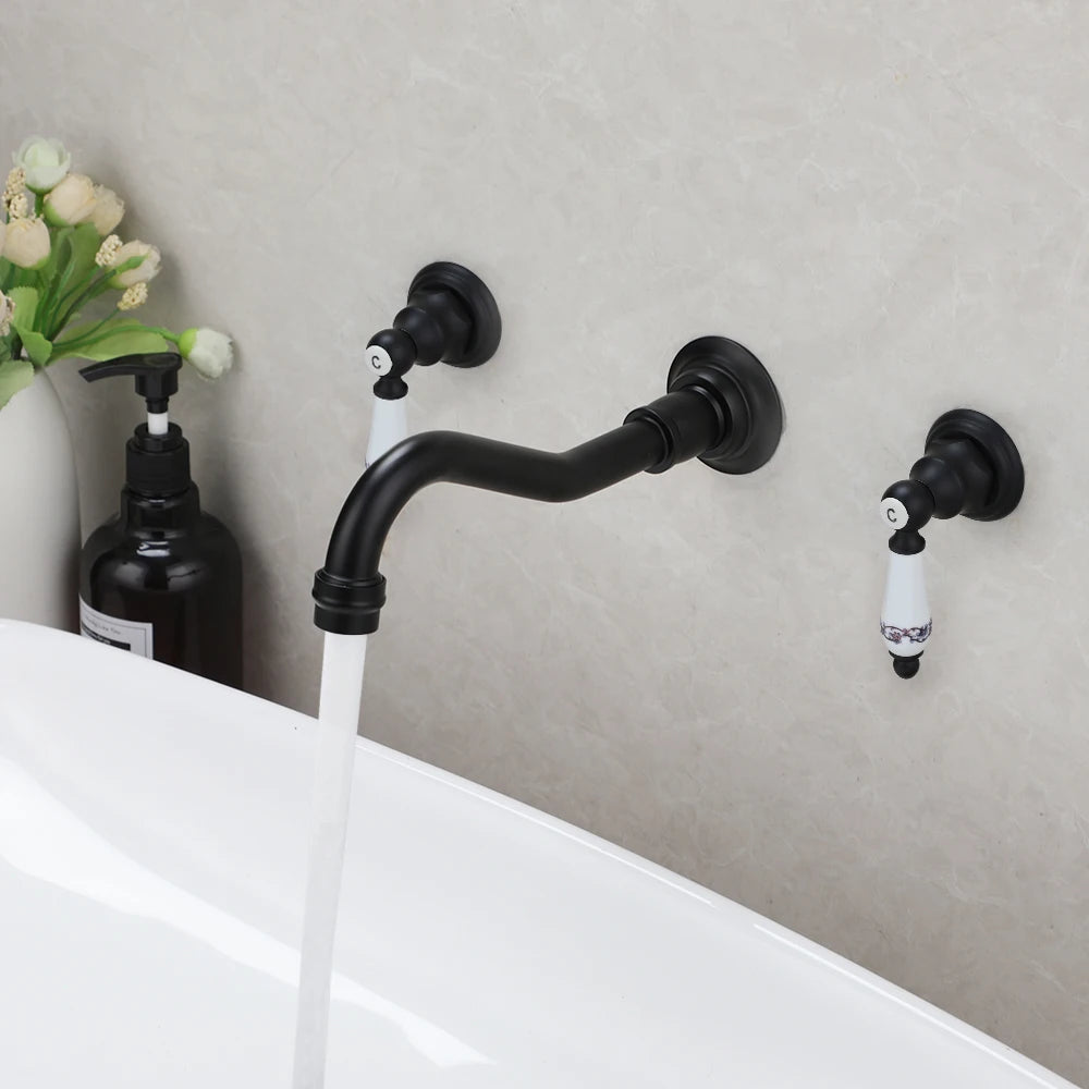 Richard II- Victorian Antique Brass Bathroom Widespread Sink Faucet Wall Mount 3 Holes 2 lever Knobs Brass Lavatory Basin Mixer Tap Mixing