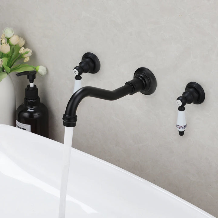 Richard II- Victorian Antique Brass Bathroom Widespread Sink Faucet Wall Mount 3 Holes 2 lever Knobs Brass Lavatory Basin Mixer Tap Mixing