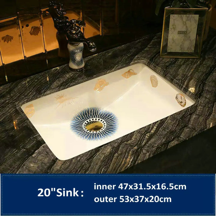Victorian Artistic Ocean Breeze Rectangular Undercounter Wash Basin Mediterranean Styles Ceramic Drop-in Bathroom Sink