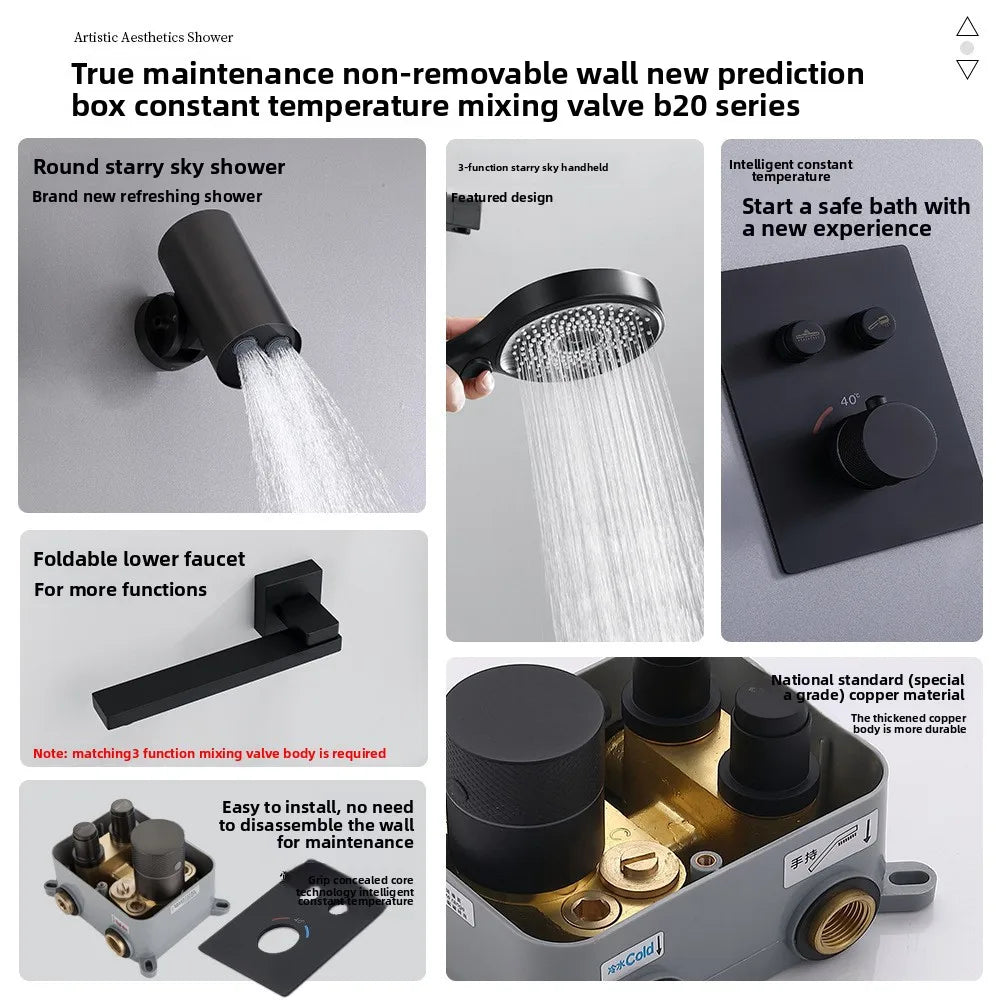 Aston-Camera Wall Mounted Thermostatic Shower Set Gunmetal Grey All Copper Concealed Rain Shower Head