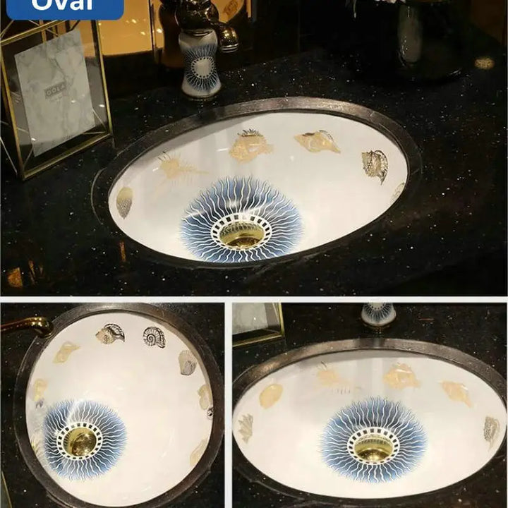 Victorian Artistic Ocean Breeze Rectangular Undercounter Wash Basin Mediterranean Styles Ceramic Drop-in Bathroom Sink