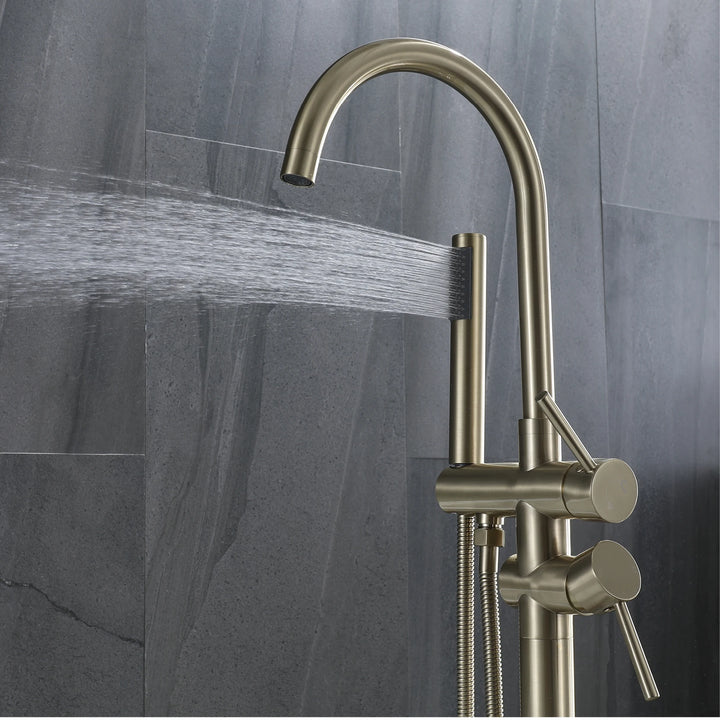 Zig- Brass Bathroom Freestanding Bathtub filler faucet. Floor Standing Design with Simple 2 Handle Hot and Cold Bathtub and Dual-Mode Faucet