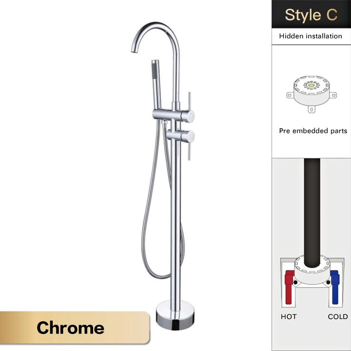 Zig- Brass Bathroom Freestanding Bathtub filler faucet. Floor Standing Design with Simple 2 Handle Hot and Cold Bathtub and Dual-Mode Faucet