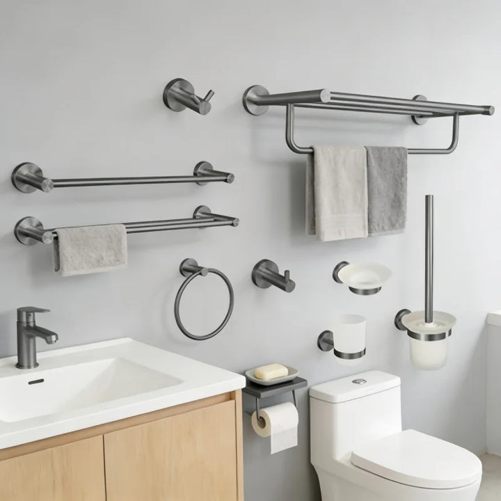 Gray Gun Metal Bathroom Hardware Accessories Cup Rack Towel Rack Toilet Brush Bath Towel Rack Roll Rack Towel Bar Hook Bathroom Wall Rack