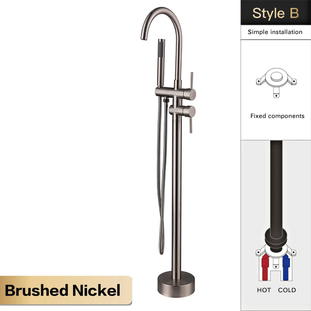 Zig- Brass Bathroom Freestanding Bathtub filler faucet. Floor Standing Design with Simple 2 Handle Hot and Cold Bathtub and Dual-Mode Faucet