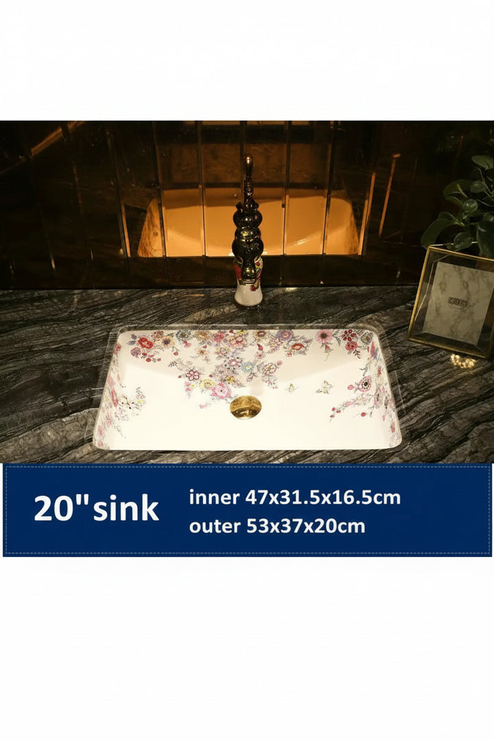 Victorian Artisan  Artistic Home Decoration Blooming Flowers Rectangular Under Counter Ceramic Wash Basin Drop-in Bathroom Vanity Sink