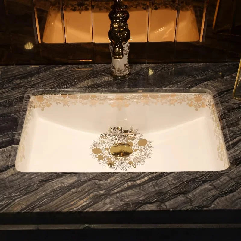 Artisan Victorian  Sunflower Rectangular Lavabo Undercounter Oval Ceramic Wash Basin with Overflow Drop In Bathroom Vanity Sink