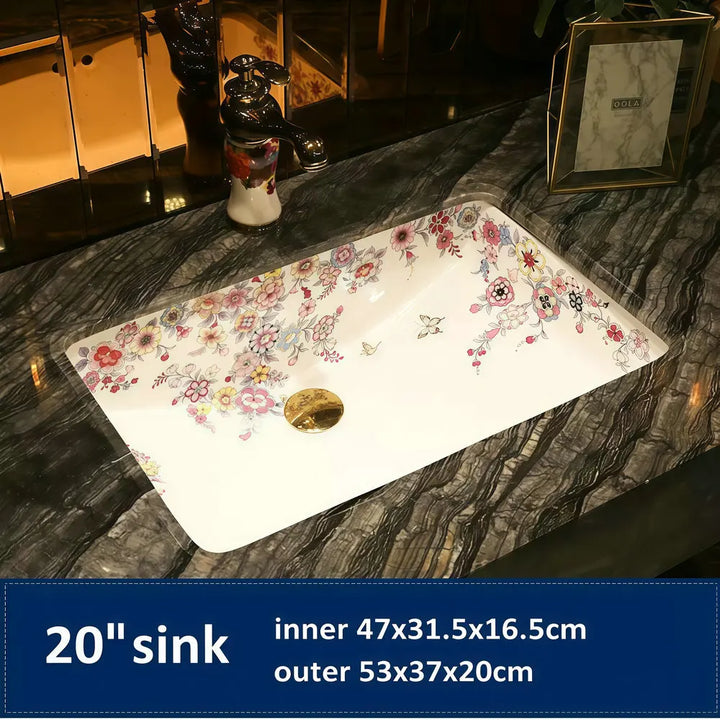 Victorian Artisan  Artistic Home Decoration Blooming Flowers Rectangular Under Counter Ceramic Wash Basin Drop-in Bathroom Vanity Sink
