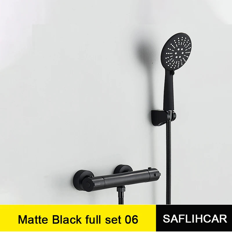 Pet-Black Thermostatic Bathroom Shower Faucet Dual Handle Bathtub Faucet Wall Mounted Mixer Tub Tap