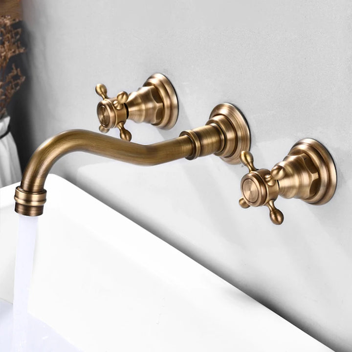 Victorian  Antique Brass Widespread Wall Mount Bathroom Faucet with 360 Swivel Spout Double Cross Handles Vanity Sink Mixer Tap