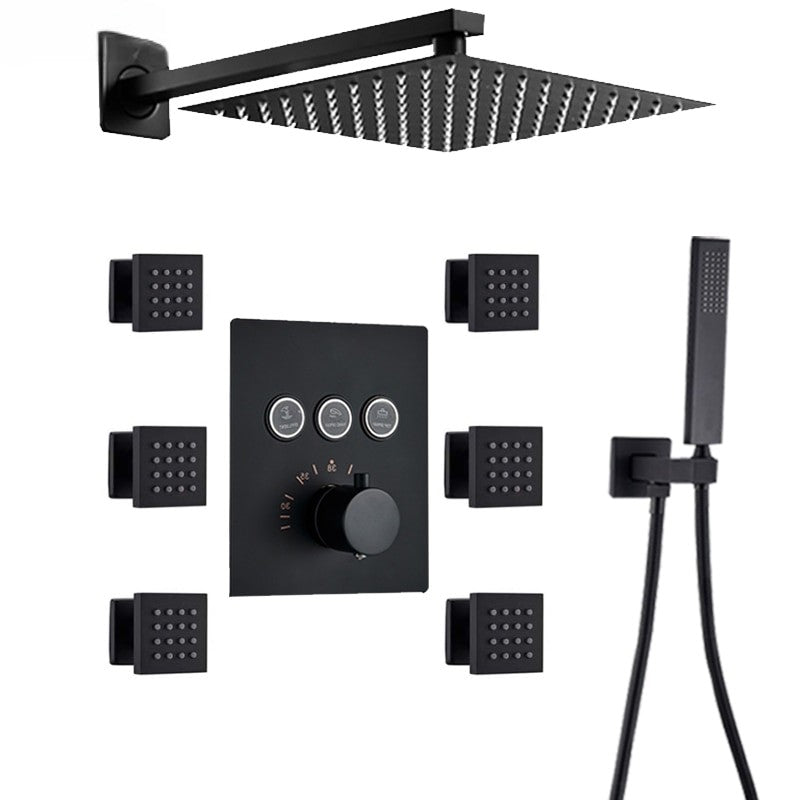 Black Square 3 way function diverter thermostatic shower with hand spray and 6 spa body jets shower set