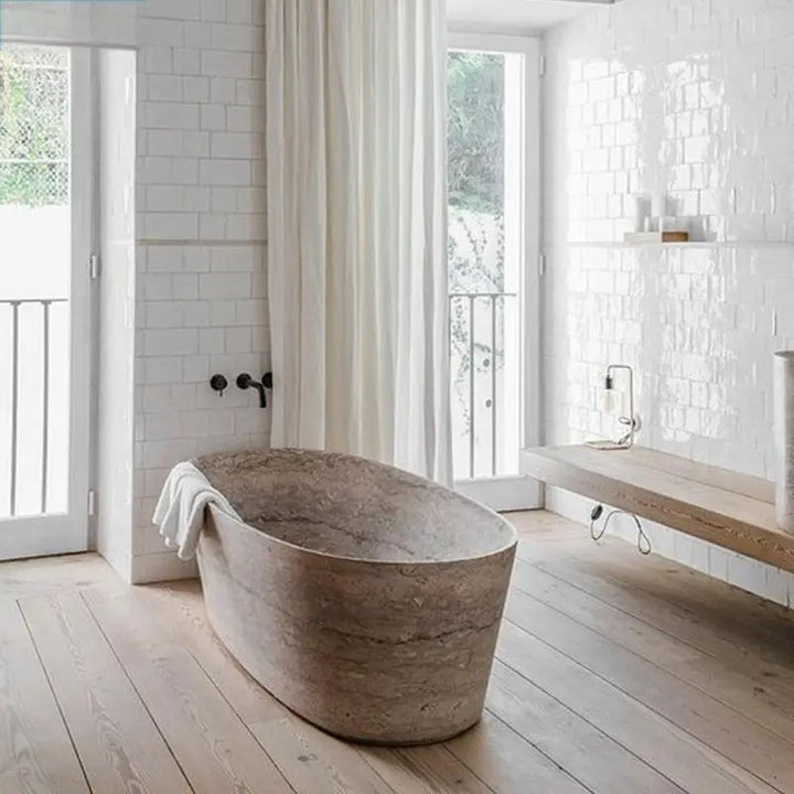 Natural Marble Bathtub, Carved Minimalist Luxury, Custom Hotel/Villa Bathroom, Artistic，Indoor/Outdoor Shower