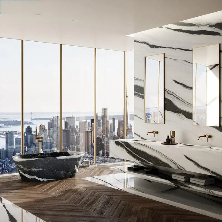 Natural Marble Bathtub, Carved Minimalist Luxury, Custom Hotel/Villa Bathroom, Artistic，Indoor/Outdoor Shower