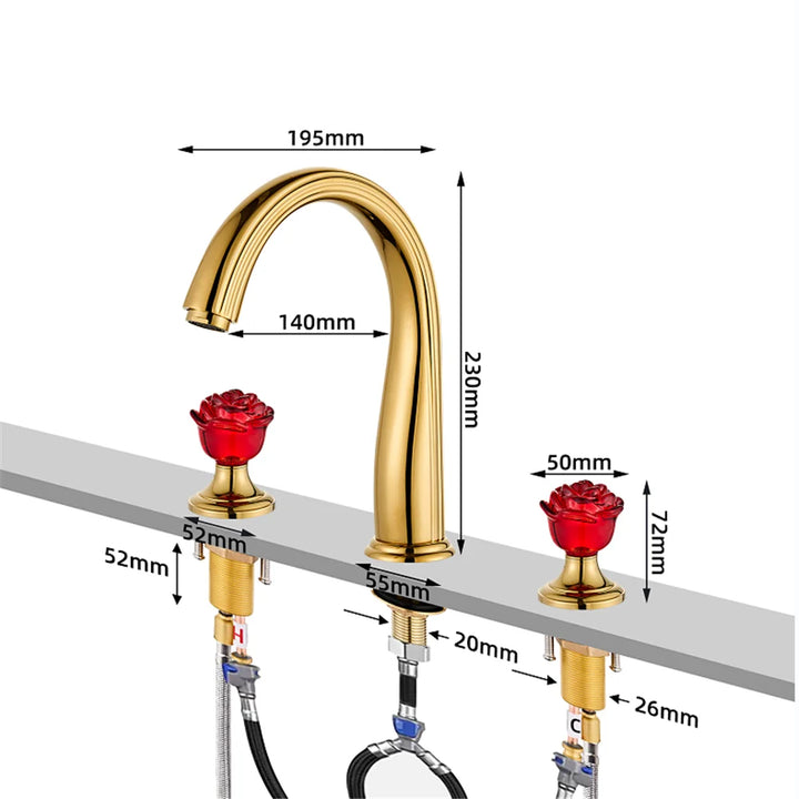 Camelia- Rose Gold Crystal Handles 8" Inch Wide Spread Faucet