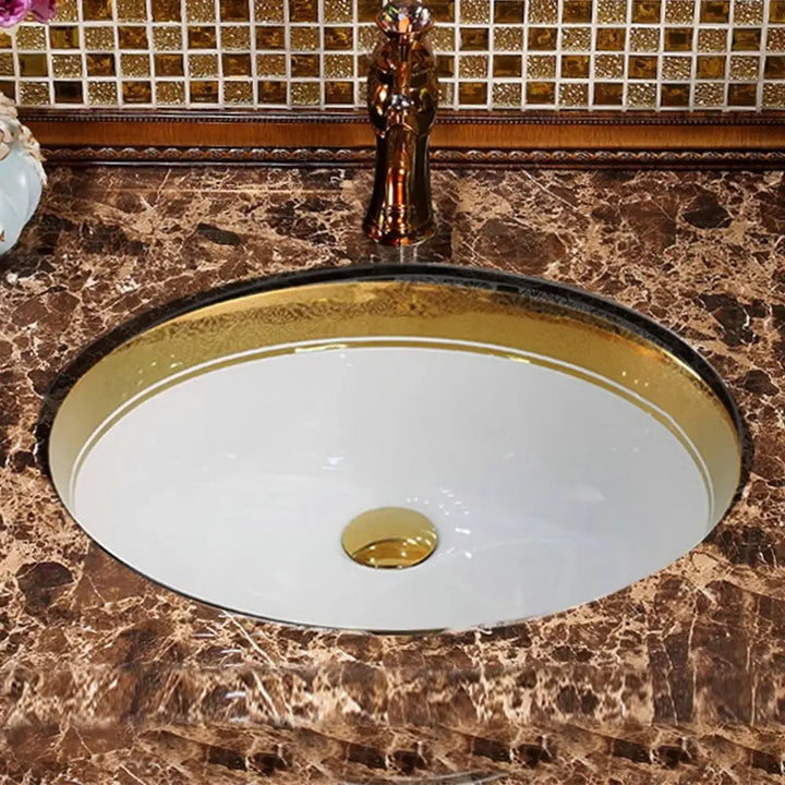 Victorian Luxury Gold Trim Oval Under Counter Basin Oval Undermount Bathroom Sink with Electroplated Gold Rim and Overflow
