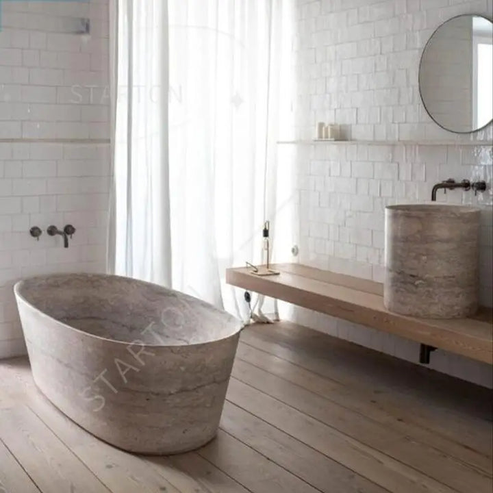 Natural Marble Bathtub, Carved Minimalist Luxury, Custom Hotel/Villa Bathroom, Artistic，Indoor/Outdoor Shower