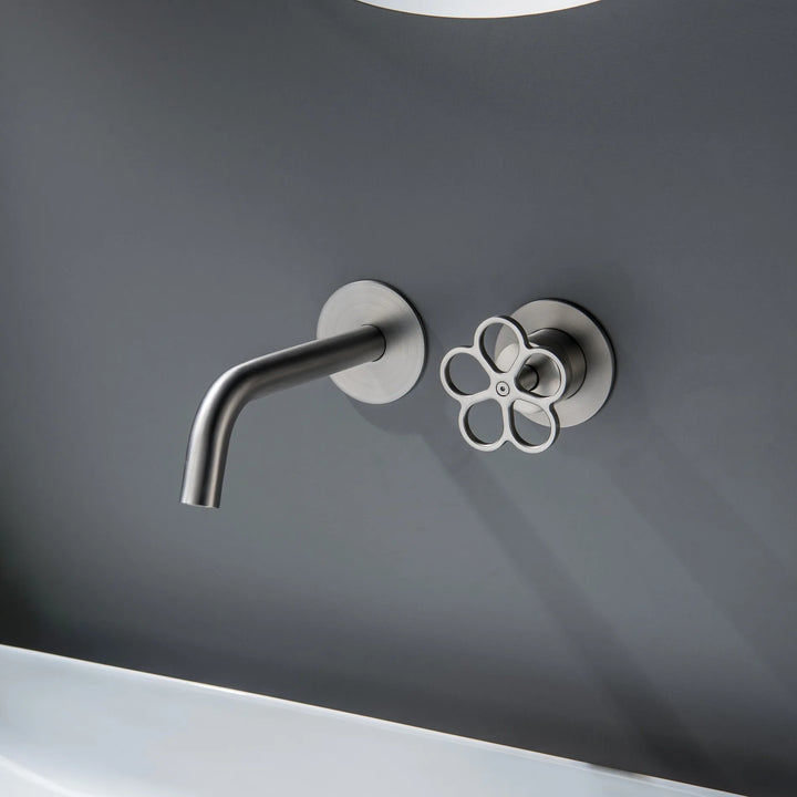 Apollonia-Wall Mounted Bathroom Basin Faucet with Plum Handle Hot Cold Water Mixer Tap