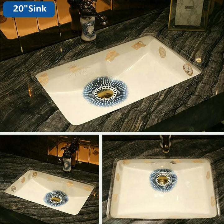 Victorian Artistic Ocean Breeze Rectangular Undercounter Wash Basin Mediterranean Styles Ceramic Drop-in Bathroom Sink