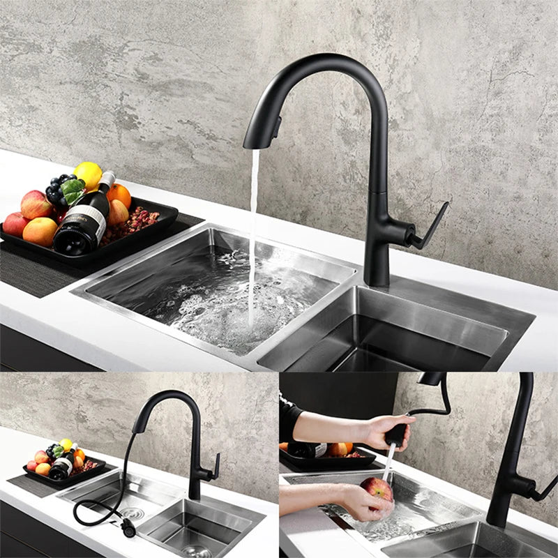 Kitchen Kit 2 In 1 Sink Faucet With Pull Down Stream Sprayer Single Lever Black Gold 360 Rotating Extendable Hot Cold Mixer Tap