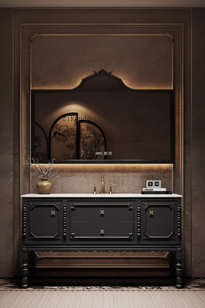French Luis XIV Retro Oak Bathroom Vanity Cabinet Floor-to-Ceiling Rock Slab Washstand with Mirror And Light Solid Wood
