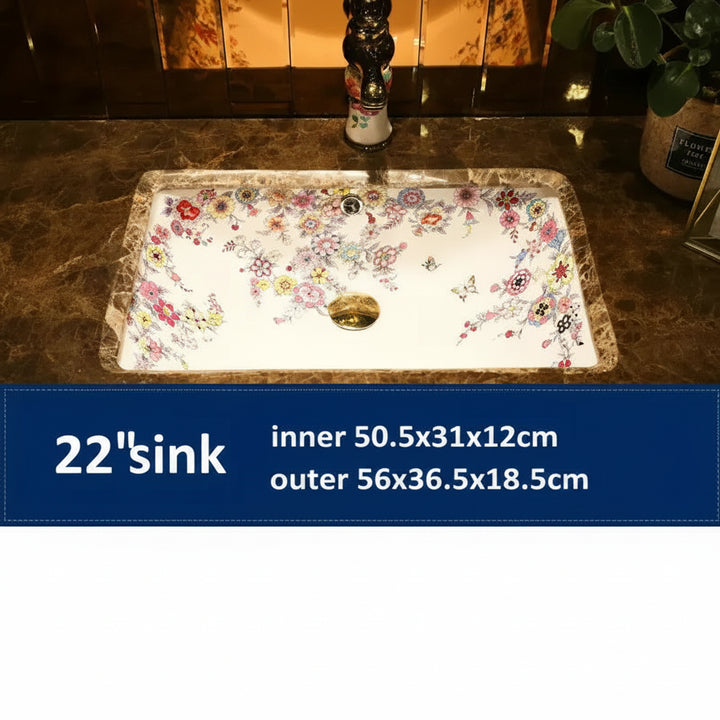 Victorian Artisan  Artistic Home Decoration Blooming Flowers Rectangular Under Counter Ceramic Wash Basin Drop-in Bathroom Vanity Sink