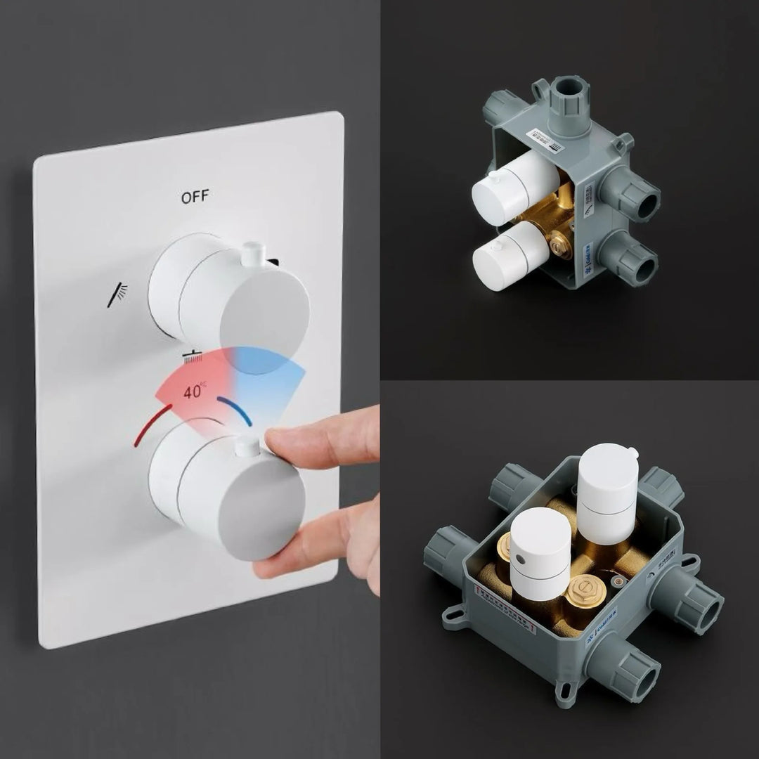 White Matte Full Brass Thermostatic Concealed Wall Mounted Shower Set with Rainfall Showerhead for Bathroom