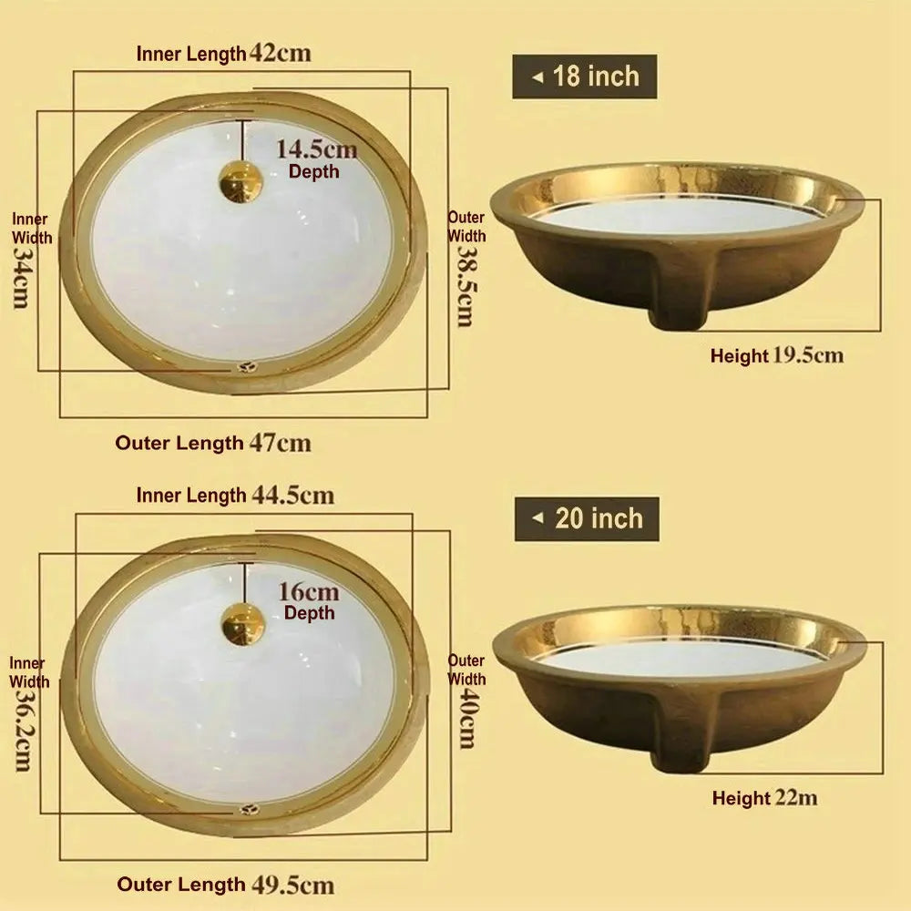 Victorian Luxury Gold Trim Oval Under Counter Basin Oval Undermount Bathroom Sink with Electroplated Gold Rim and Overflow