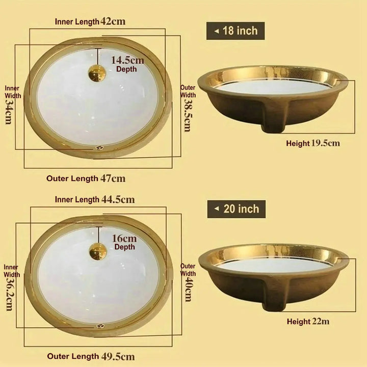 Victorian Luxury Gold Trim Oval Under Counter Basin Oval Undermount Bathroom Sink with Electroplated Gold Rim and Overflow