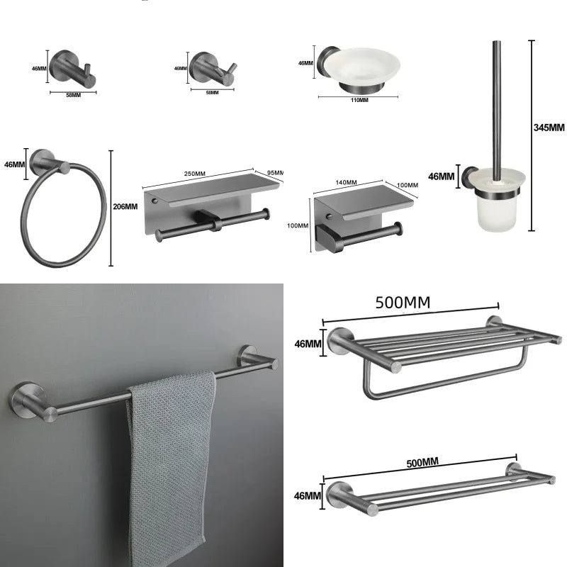 Grey Gun Metal Bathroom Hardware Accessories Cup Rack Towel Rack Toilet Brush Bath Towel Rack Roll Rack Towel Bar Hook Bathroom Wall Rack