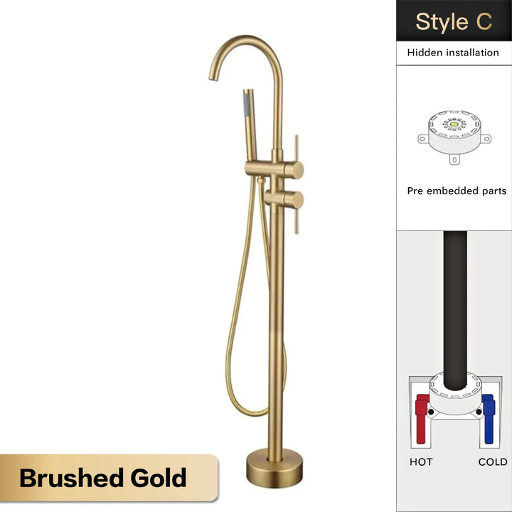 Zig- Brass Bathroom Freestanding Bathtub filler faucet. Floor Standing Design with Simple 2 Handle Hot and Cold Bathtub and Dual-Mode Faucet