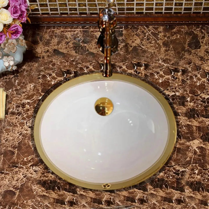 Victorian Luxury Gold Trim Oval Under Counter Basin Oval Undermount Bathroom Sink with Electroplated Gold Rim and Overflow
