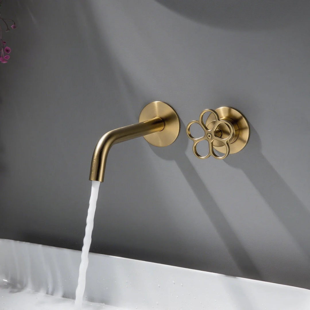 Apollonia-Wall Mounted Bathroom Basin Faucet with Plum Handle Hot Cold Water Mixer Tap