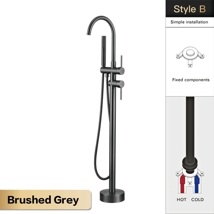 Zig- Brass Bathroom Freestanding Bathtub filler faucet. Floor Standing Design with Simple 2 Handle Hot and Cold Bathtub and Dual-Mode Faucet