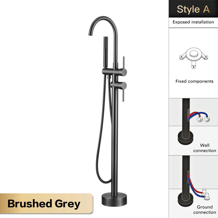 Zig- Brass Bathroom Freestanding Bathtub filler faucet. Floor Standing Design with Simple 2 Handle Hot and Cold Bathtub and Dual-Mode Faucet