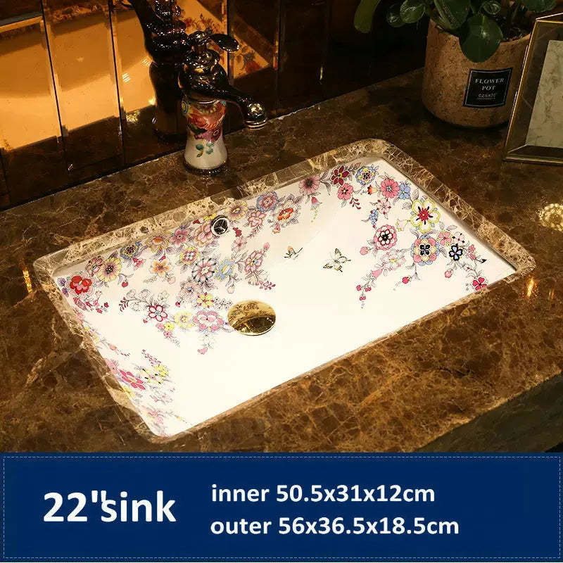 Victorian Artisan  Artistic Home Decoration Blooming Flowers Rectangular Under Counter Ceramic Wash Basin Drop-in Bathroom Vanity Sink