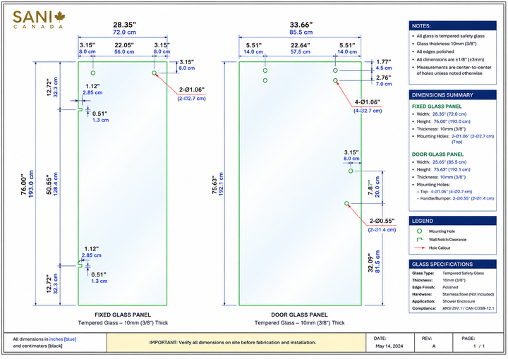 A technical specification and dimension diagram for SANI brand tempered glass panels, showing measurements for fixed and door glass panels with labeled dimensions, notes, and a legend on a white background.
