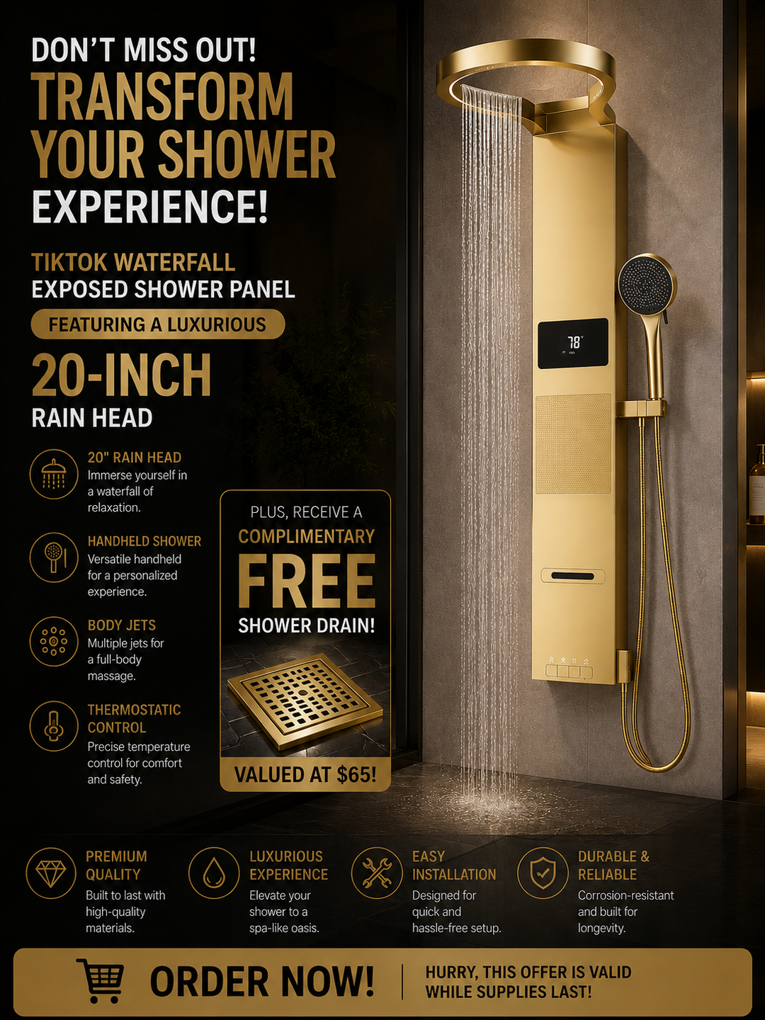Tik Tok Brushed Gold Exposed Shower Panel System