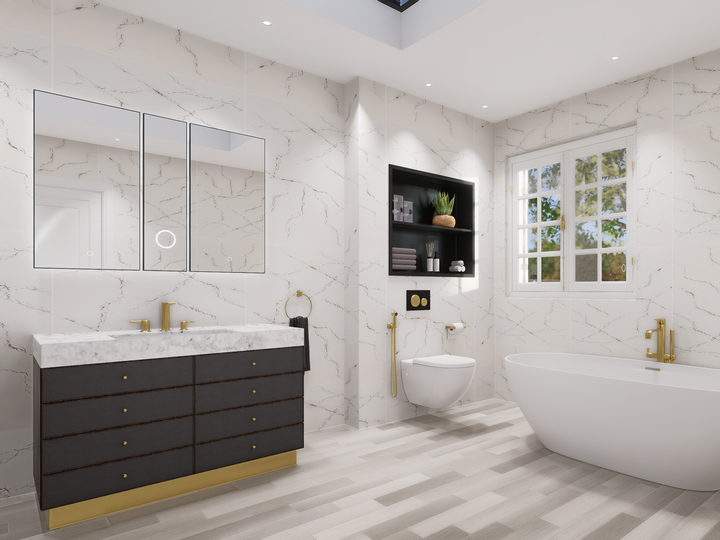 Tuscan-Grey leather with brushed gold trim solid oak wood modern bathroom vanity 48"-72"