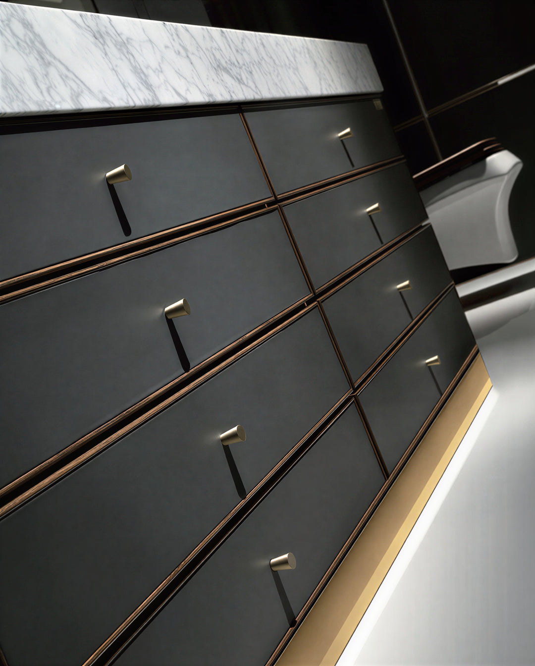 Tuscan-Grey leather with brushed gold trim solid oak wood modern bathroom vanity 48"-60"