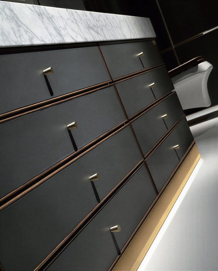Tuscan-Grey leather with brushed gold trim solid oak wood modern bathroom vanity 48"-60"