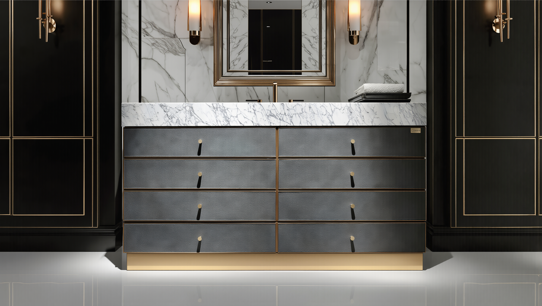 Tuscan-Grey leather with brushed gold trim solid oak wood modern bathroom vanity 48"-60"