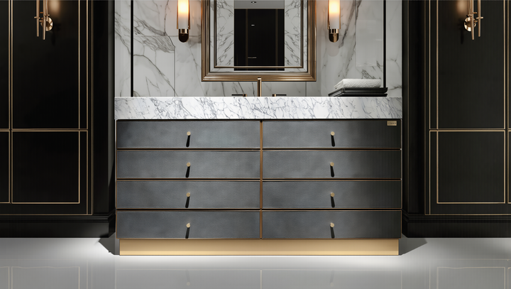 Tuscan-Grey leather with brushed gold trim solid oak wood modern bathroom vanity 48"-60"
