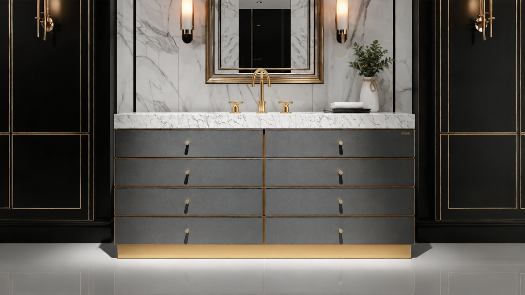 Tuscan-Grey leather with brushed gold trim solid oak wood modern bathroom vanity 48"-60"